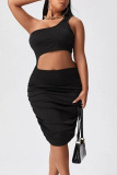 Black Sexy Solid Hollowed Out Split Joint Fold Oblique Collar Plus Size Two Pieces