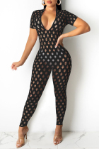 Black Fashion Sexy Solid Hollowed Out See-through V Neck Skinny Jumpsuits