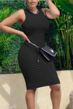 Black Casual Solid Split Joint O Neck A Line Dresses