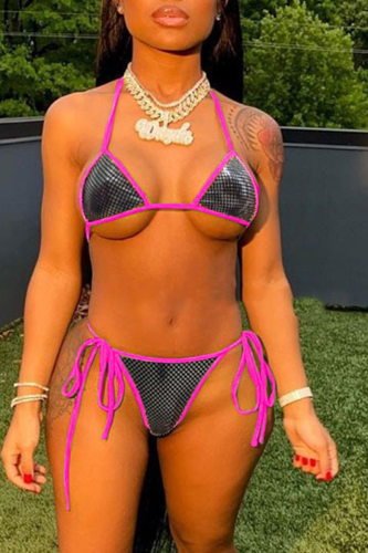 Rose Red Sexy Sweet Patchwork Draw String Swimwears