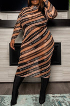 Brownness Fashion Sexy Plus Size Print See-through O Neck Long Sleeve Dresses
