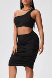 Black Sexy Solid Hollowed Out Split Joint Fold Oblique Collar Plus Size Two Pieces