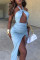 Light Blue Sexy Solid Hollowed Out Backless Slit Halter Sleeveless Dress