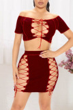 Burgundy Sexy Solid Hollowed Out Patchwork Frenulum Off the Shoulder Short Sleeve Two Pieces