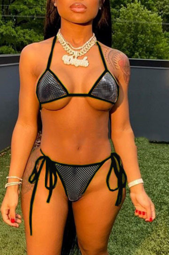 Black Sexy Sweet Patchwork Draw String Swimwears