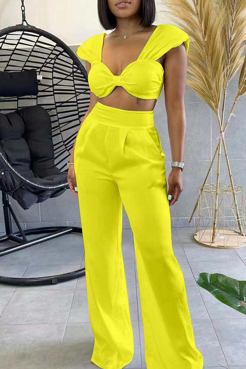 Yellow Fashion Casual Solid Vests Pants Square Collar Two Pieces_TWO ...