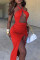 Red Sexy Solid Hollowed Out Backless Slit Halter Sleeveless Dress