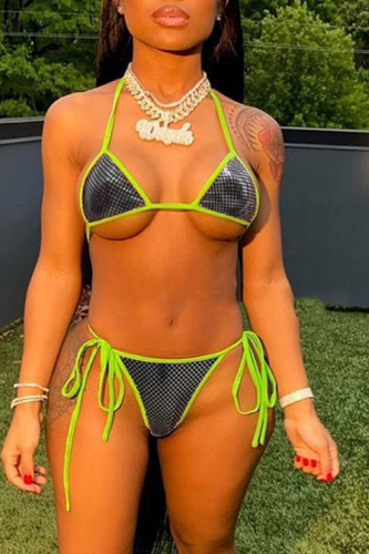 Fluorescent Green Sexy Sweet Patchwork Draw String Swimwears