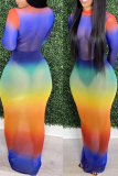 Rainbow Color Sexy Patchwork Tie-dye Half A Turtleneck Long Sleeve Bodycorn Pencil Skirt Maxi Dresses