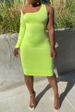 Light Green Sexy Solid Hollowed Out One Shoulder Pencil Skirt Dresses