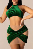 Dark Green Sexy Solid Mesh Halter Sleeveless Two Pieces