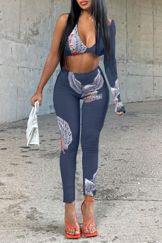 Black Gray Sexy Print Backless Strap Design V Neck Long Sleeve Two Pieces