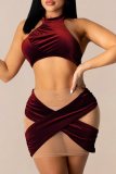Burgundy Sexy Solid Mesh Halter Sleeveless Two Pieces