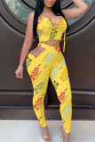 Yellow Casual Print Hollowed Out Split Joint Frenulum O Neck Sleeveless Two Pieces
