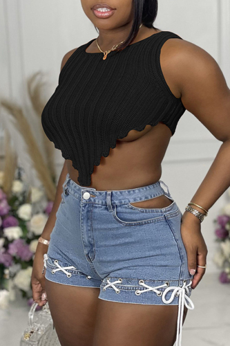 Black Sexy Casual Solid Asymmetrical O Neck Tops