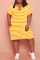 Dark Brown Fashion Casual Plus Size Striped Print Basic V Neck Short Sleeve Dress