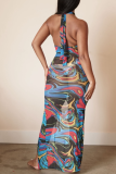 Blue Sexy Print Hollowed Out Halter Pencil Skirt Dresses