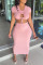 Pink Fashion Sexy Solid Hollowed Out Strap Design O Neck Short Sleeve Two Pieces