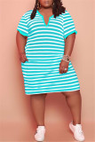Light Blue Fashion Casual Plus Size Striped Print Basic V Neck Short Sleeve Dress