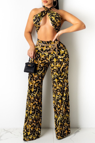 Black Fashion Sexy Print Bandage Backless Halter Sleeveless Two Pieces (Without Waist Chain)