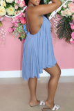Light Blue Sexy Solid Hollowed Out Backless Spaghetti Strap Sleeveless Dress