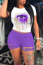 Purple Casual Print Hollowed Out Split Joint O Neck Short Sleeve Two Pieces