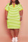 Dark Brown Fashion Casual Plus Size Striped Print Basic V Neck Short Sleeve Dress