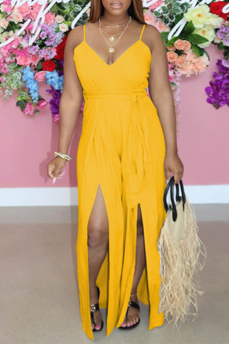 Yellow Fashion Sexy Solid Backless Slit V Neck Sling Dress