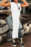 White Fashion Casual Solid Slit Hooded Collar Tops