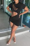 Black Sexy Solid Ripped O Neck Pencil Skirt Dresses
