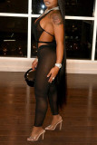 Black Fashion Sexy Solid See-through Strap Design Halter Sleeveless Jumpsuit
