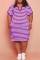 Purple Fashion Casual Plus Size Striped Print Basic V Neck Short Sleeve Dress