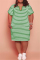 Dark Brown Fashion Casual Plus Size Striped Print Basic V Neck Short Sleeve Dress