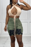 Apricot Fashion Sexy Solid Hollowed Out Backless Strap Design Halter Tops