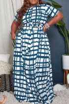 Blue Sexy Plaid Split Joint O Neck Cake Skirt Plus Size Two Pieces