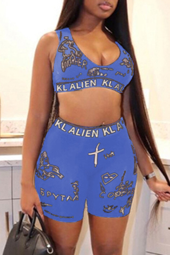 Blue Fashion Casual Print Basic V Neck Sleeveless Two Pieces