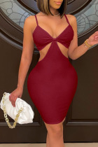 Burgundy Sexy Solid Bandage Patchwork Spaghetti Strap Pencil Skirt Dresses