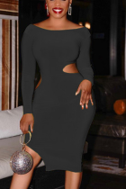 Black Sexy Solid Hollowed Out O Neck Pencil Skirt Dresses