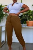 Coffee Casual Solid Split Joint Plus Size