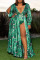 Green Fashion Sexy Plus Size Print Hollowed Out Backless V Neck Long Sleeve Dresses
