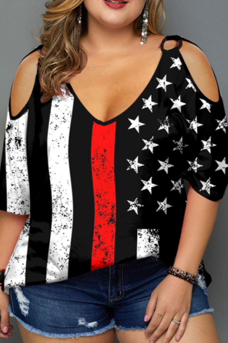 

Black Casual Print Split Joint V Neck Plus Size Tops