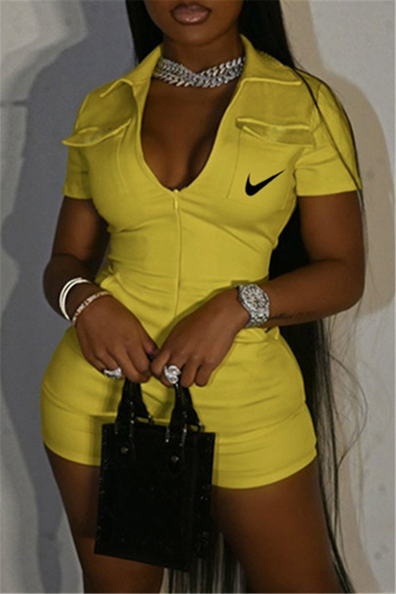 

Yellow Fashion Casual Print Basic Turndown Collar Skinny Romper