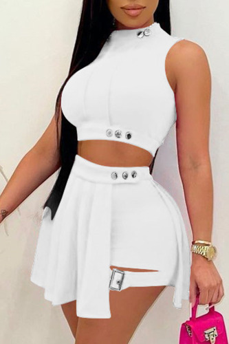 White Casual Solid Patchwork O Neck Sleeveless Two Pieces