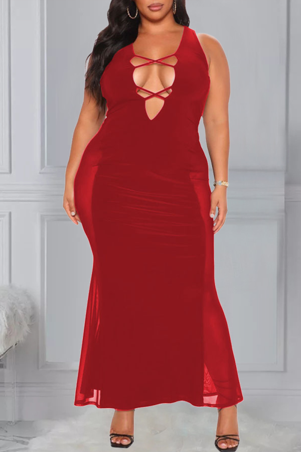 Red Sexy Solid Hollowed Out Mesh V Neck Pencil Skirt Plus Size Dresses