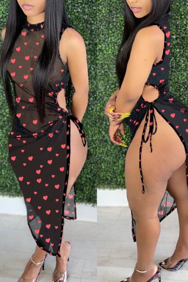 Red Sexy Print Bandage Patchwork See-through Half A Turtleneck Straight Dresses