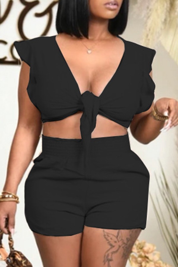 Black Sexy Solid Flounce V Neck Sleeveless Two Pieces