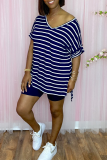 Dark Blue Casual Striped Patchwork V Neck Short Sleeve Two Pieces