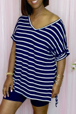 Dark Blue Casual Striped Patchwork V Neck Short Sleeve Two Pieces