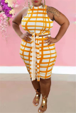 Yellow Casual Plaid Print Bandage O Neck Plus Size Two Pieces