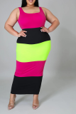 Fluorescent Green Sexy Striped Patchwork Square Collar Pencil Skirt Plus Size Dresses